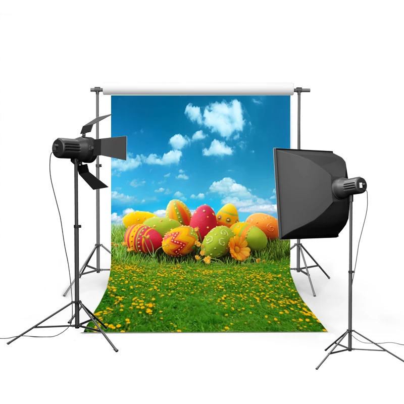 Arrière-plan en vinyle de champ de fleur de ciel bleu, arrière-plan de photographie d'œufs de pâques, accessoires de studio de photographie d'enfant, photographie GE-036
