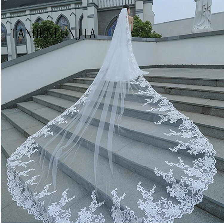 

Luxury 5M White Ivory Cathedral Wedding Veils Long Lace Edge Bridal Veil with Comb Wedding Accessories Bride Mantilla Veil hot