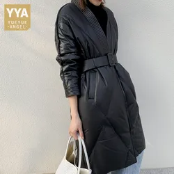 Harajuku V Neck Genuine Leather Down Coat Women Winter Fashion Warm Overcoat Female High Street Casual Sheepskin Long Jackets