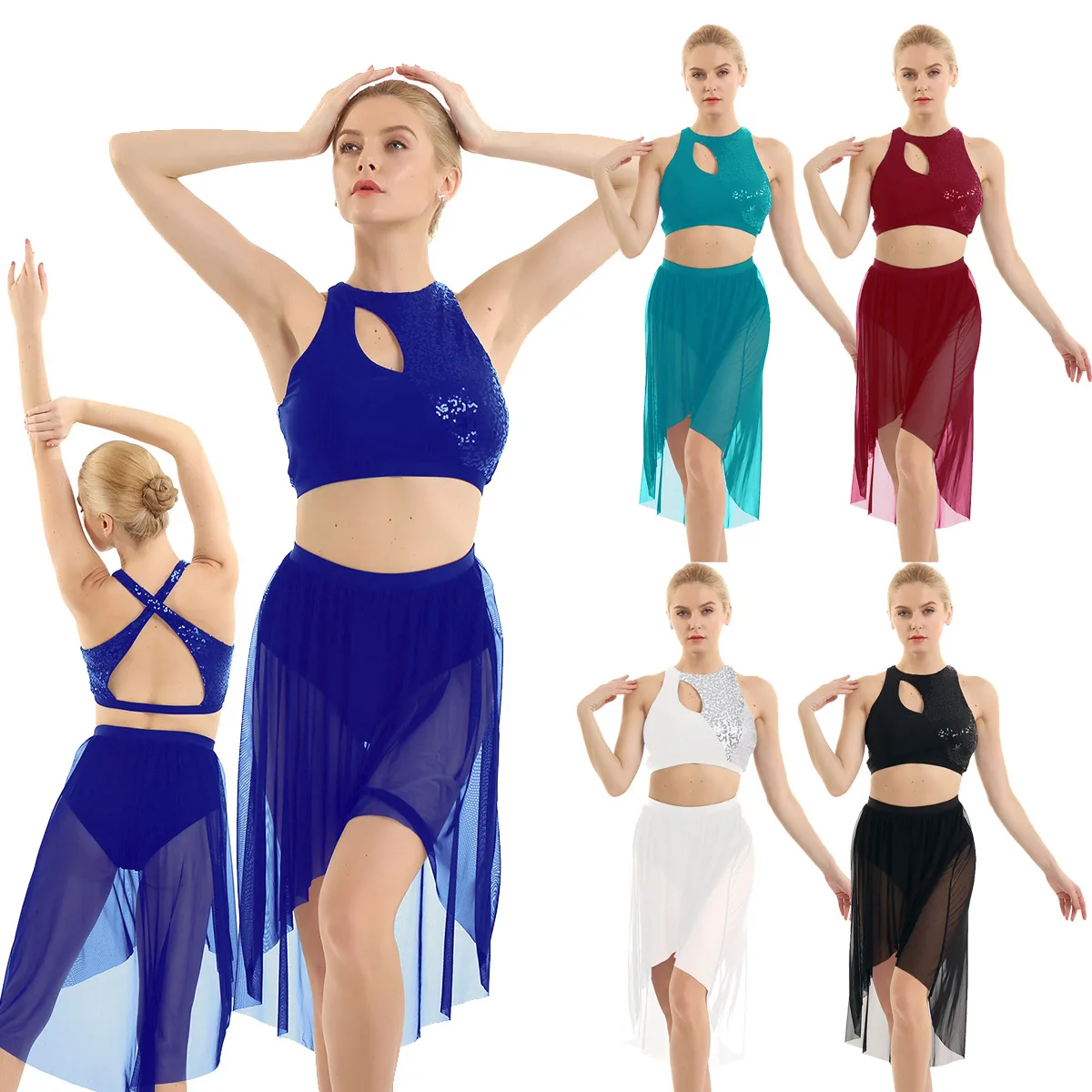 ChicTry Shiny Sequins Asymmetrical Gymnastics Ballet Crop Tops Leotard Mesh Skirt Set Women Contemporary Lyrical Dance Costumes