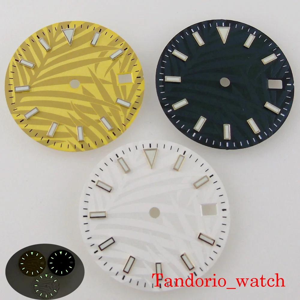 High Quality Watch Parts 29mm Luminous Dark Green White Gold Sterile Watch Dial With Date Window For NH35 Movement Leaf Pattern