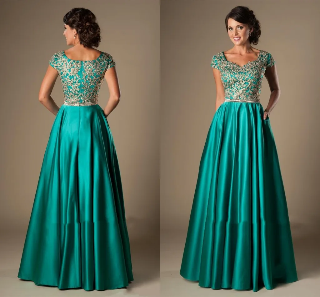 Customized Turquoise Gold Appliques Modest Prom Dresses With Cap Sleeves Long A-line Satin Evening Party Gown Robe De Soiree