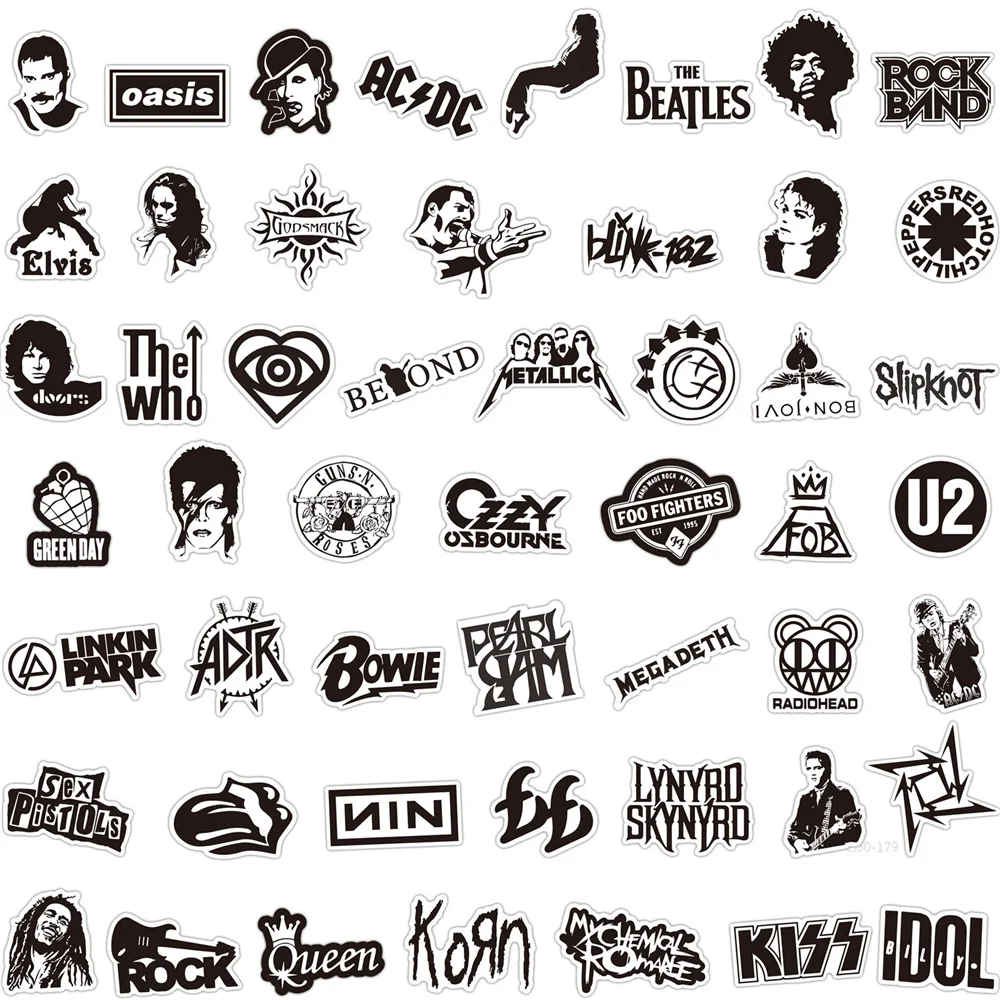 10/30/50PCS Black and White Rock Band Graffiti Waterproof Sticker Suitcase Notebook RefrigeratorSkateboardStationeryBoxWholesale