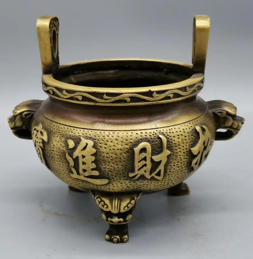 

China brass archaize recruit wealth beast head Incense burner crafts statue