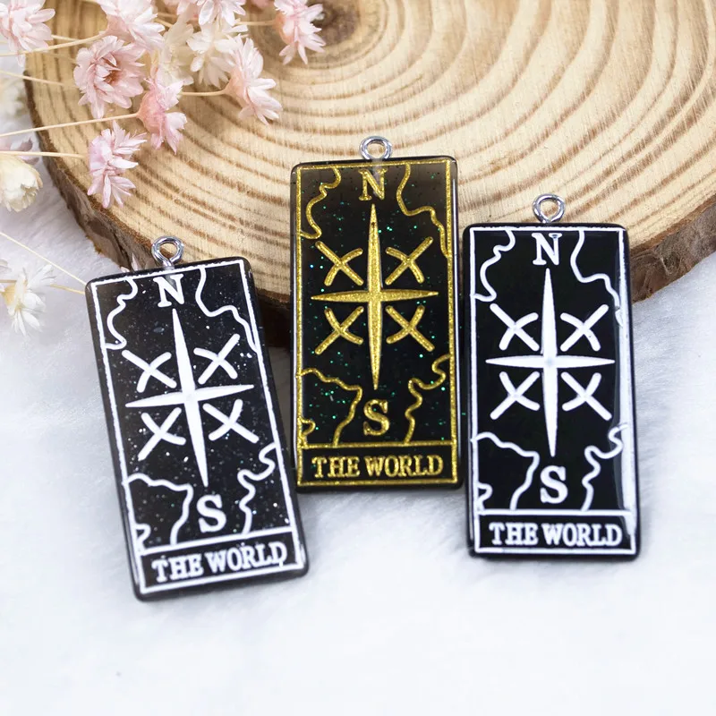 10Pcs 39*19mm The World Tarot Charms Flatback Resin Cabochons Glitter Accessory for  Necklace Pendant DIY