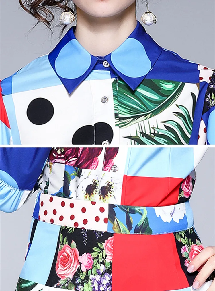 2021 Women\'s New Fashion Summer Runway Two Piece Set Blue Contrast Plaid Print Shirts Tops +Hight Waist Pencil Suits