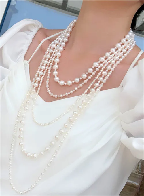 HABITOO Stunning Handmade White Freshwater Cultured Pearl Necklace Long 50cm-160cm Gorgeous Lusury Jewelry Charming Gift