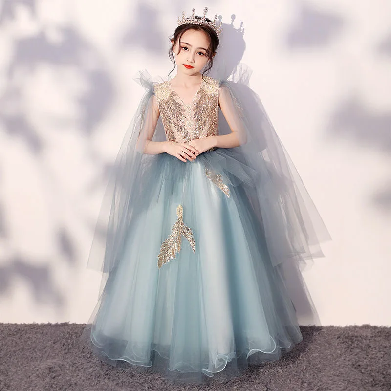 

Elegant First Communion Bridesmaid Girl Blue Lace Sequin Princess Dresses Children Long Ball Gown Party Wedding Pageant Vestido