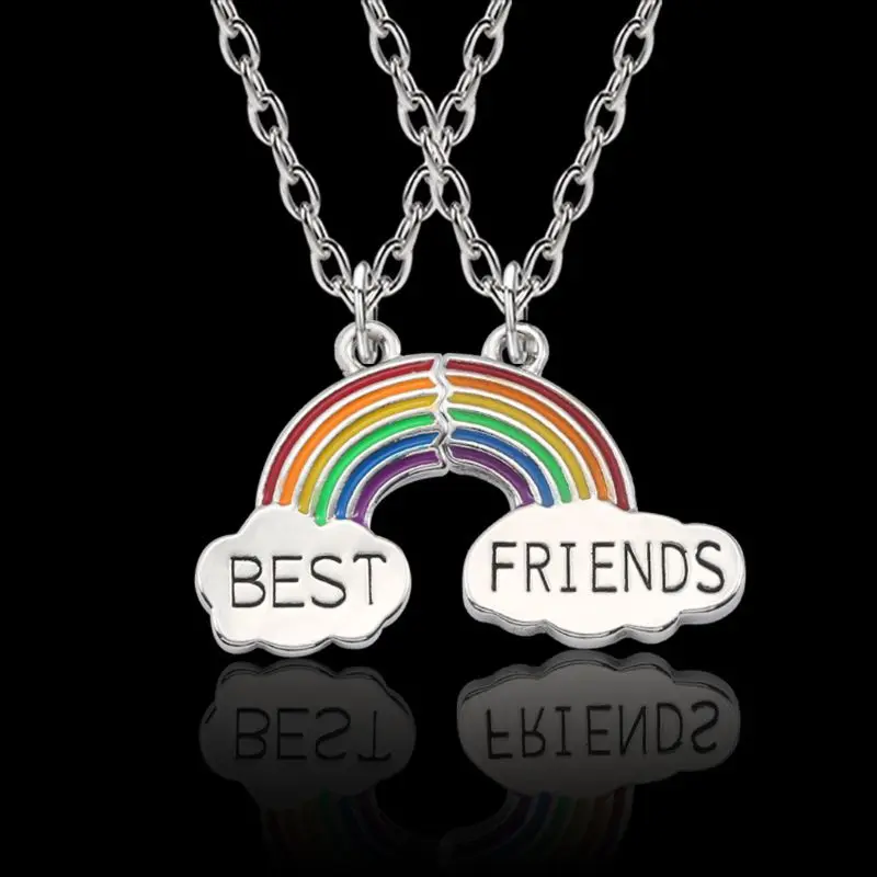 2Pc Colorful Rainbow Clouds Pendant Puzzle Necklace Best Friend Jewelry Kids