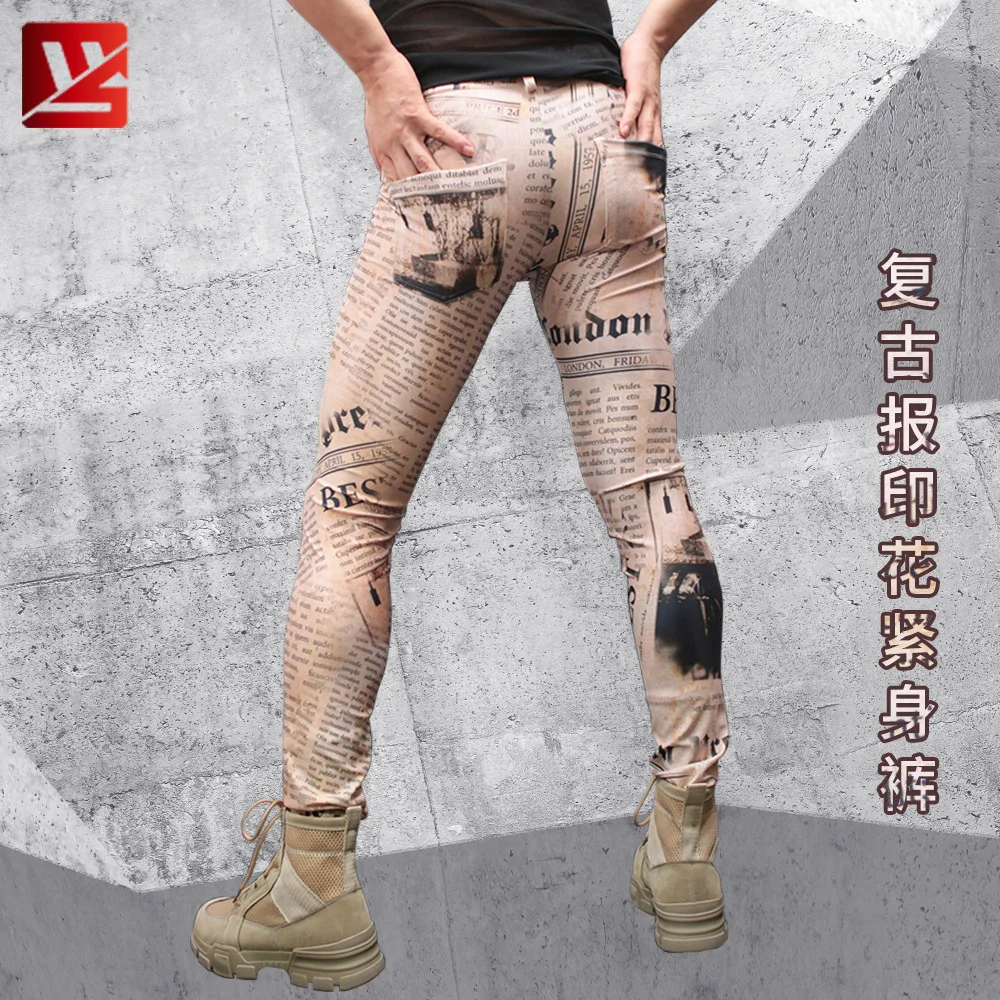 Men Vintage Style Milk Silk Bottoms Leggings Cowboy Style Trouser Retro Newspaper Letter Prints High-Elastic Casual Pencil Pants