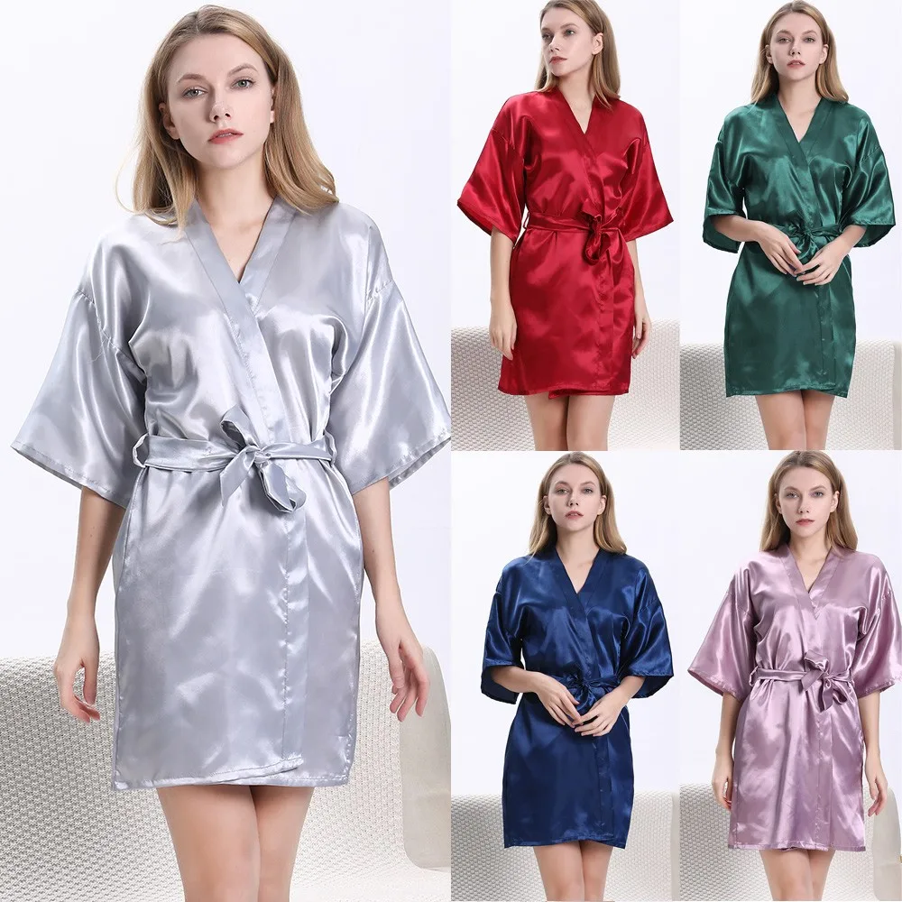 Sexy Große Größe Faux Silk Satin Nacht Kimono Robe Kurze Bademantel Perfekte Hochzeit Braut Brautjungfer Roben Dressing Kleid