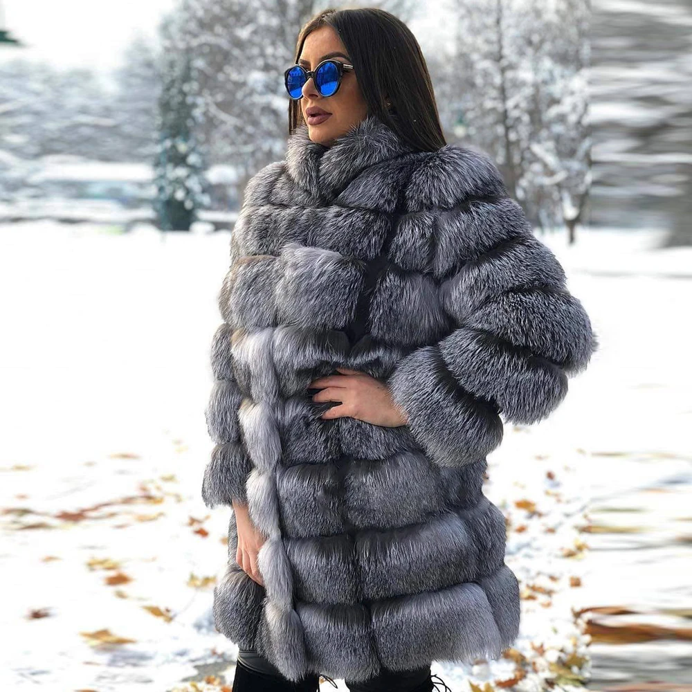 Fashion Long Real Silver Fox Fur Coat Stand Collar Women Winter New High Quality Genuine Leather Fox Fur Coats Female Overcoats