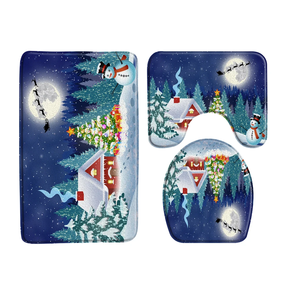 Christmas Decor Bathroom Mat Set Red Christmas Ball New Year Xmas Home Non-slip Carpet Flannel Bath Mats Toilet Lid Rug Door Pad