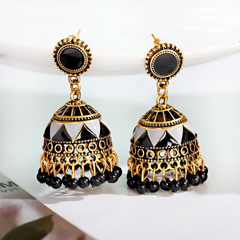 Ethnic Black Geometric Gold Color Bell Turkish Earring Women Vintage Fantasy Earrings Indian Jewelry Boucles D\'oreille