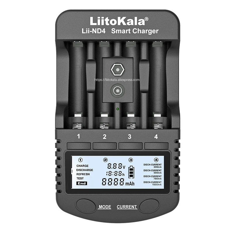 LiitoKala Lii-ND4 NiMH/Cd charger aa aaa charger LCD Display and Test battery capacity For 1.2V aa aaa and 9V batteries.