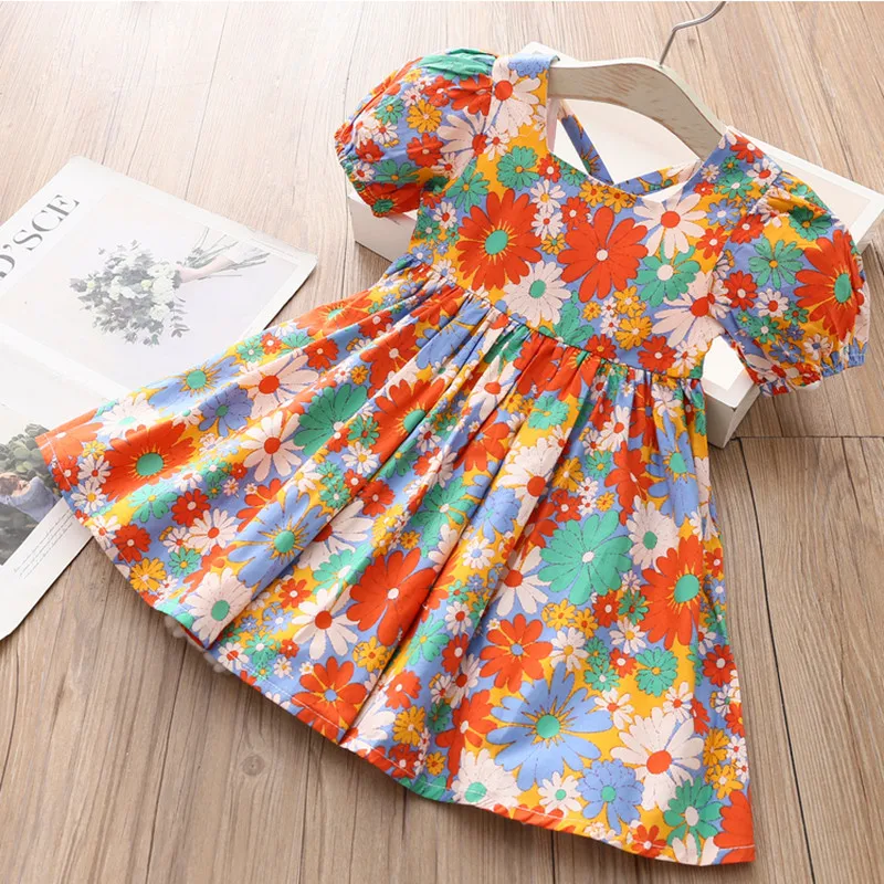 

2023 Summer New 2 3 4 5 6 7 8 10 Years Square Collar Full Floral Print Lantern Sleeve Backless Beach Dresses For Kids Baby Girls