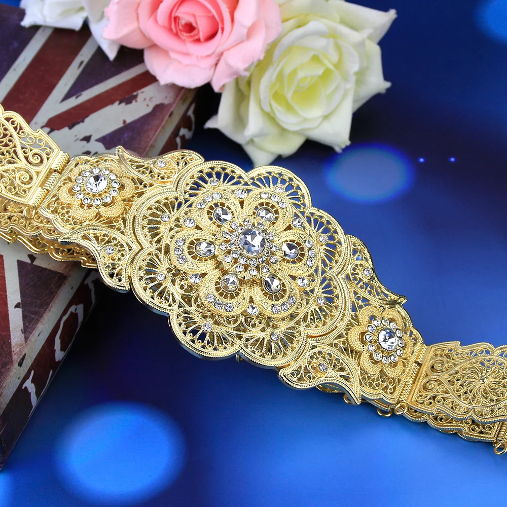 

Sunspicems Gold Silver Color Moroccan Caftan Belt Flower Waist Chain for Women Round Crystal Ethnic Wedding Jewelry Bridal Gift