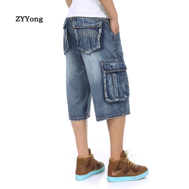 Summer 2021 Men Jeans Shorts Hip Hop Harem American Fashion Loose Baggy Cotton Multi-Pocket Denim Pants Big Size 30-46