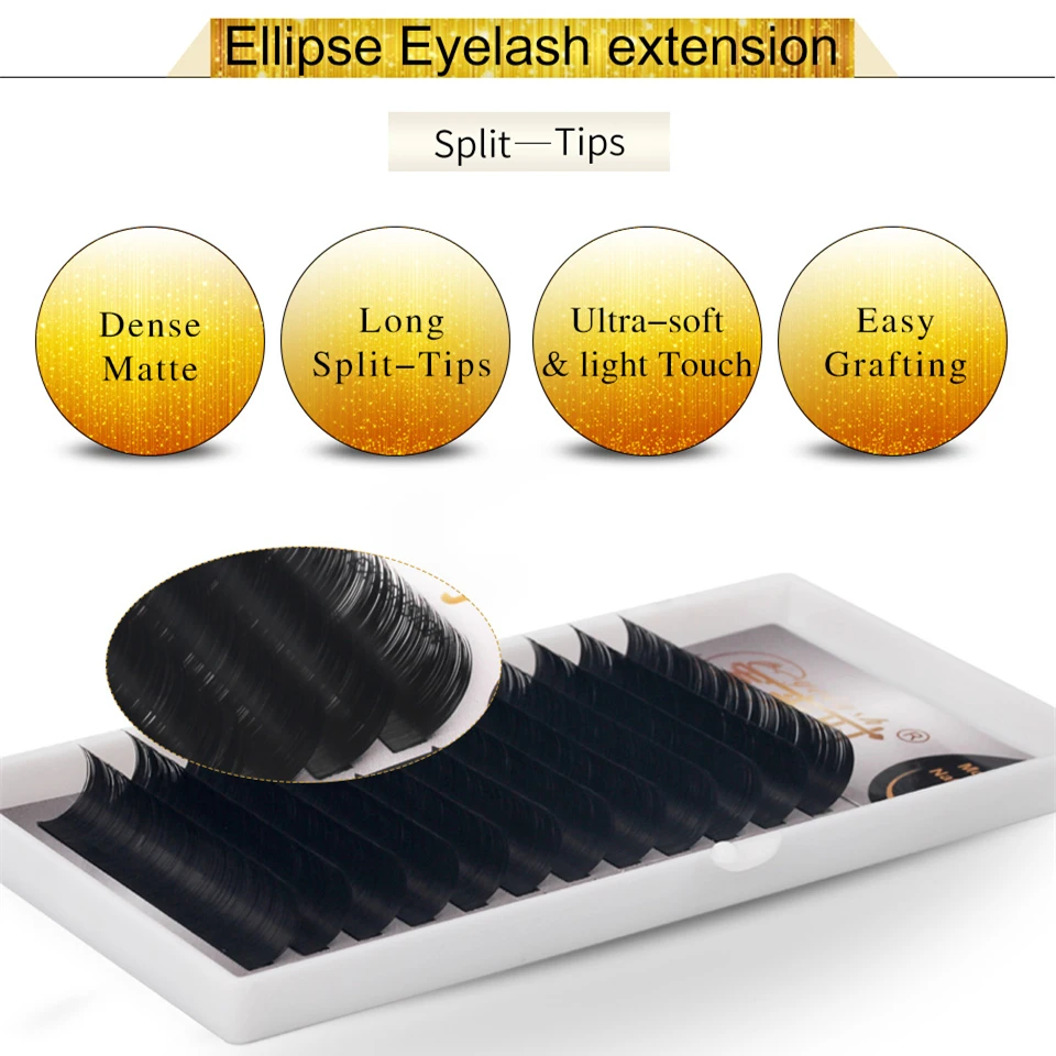 THINKSHOW Matte Flat Ellipse Eyelashes Extensions Split Tips Ellipse Shaped Natural Soft False Ellipse Eyelashes Volume Lashes