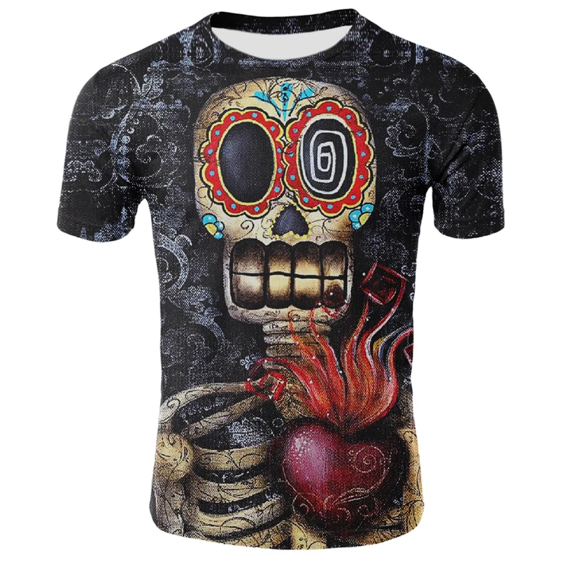 2021 new men\'s summer skull print men\'s short-sleeved T-shirt 3D T-shirt casual breathable T-shirt and plus size T-shirt