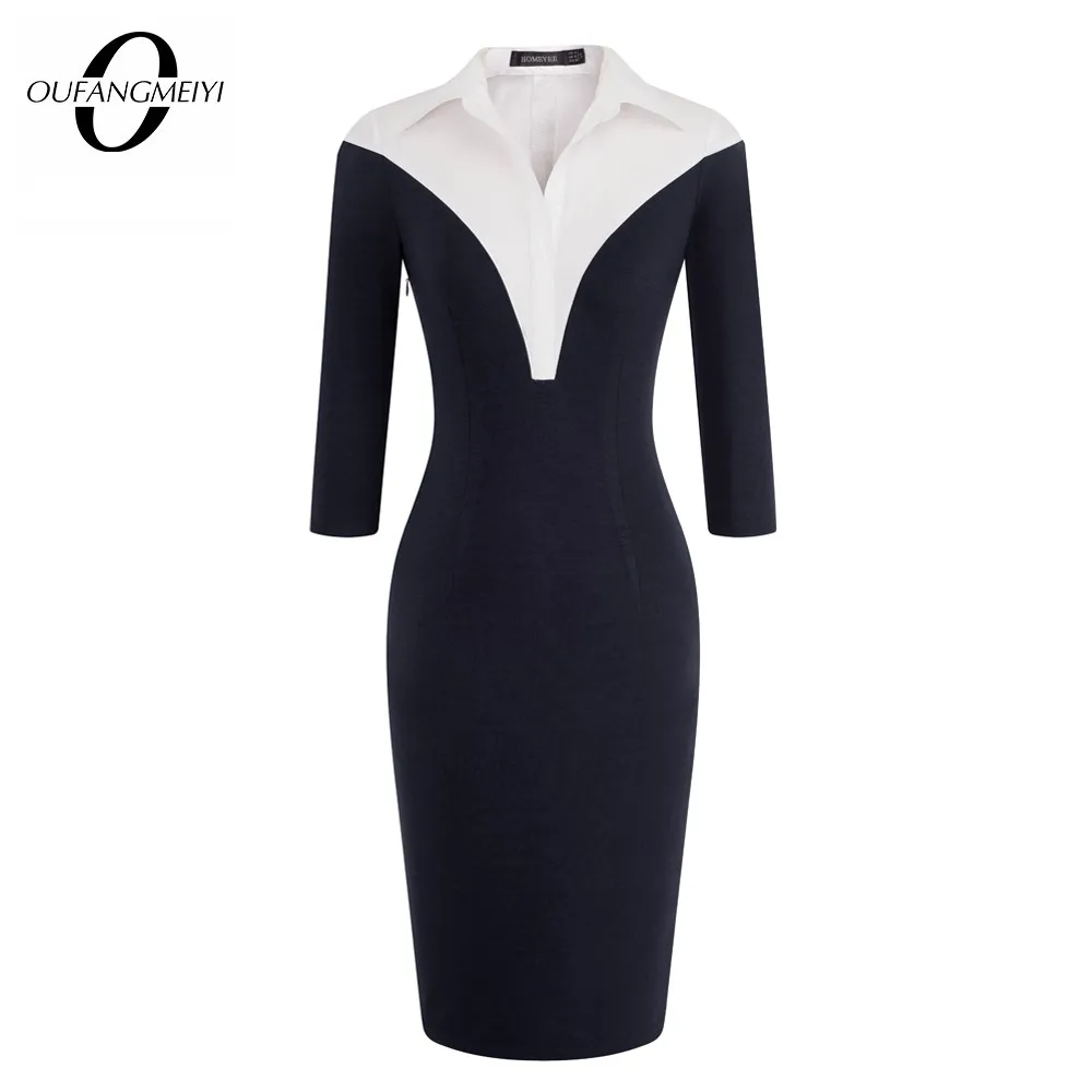 

Women Formal Business 3/4 Sleeve Lapel Collar Contrast Color Office Lady Sheath Pencil Dress EB420