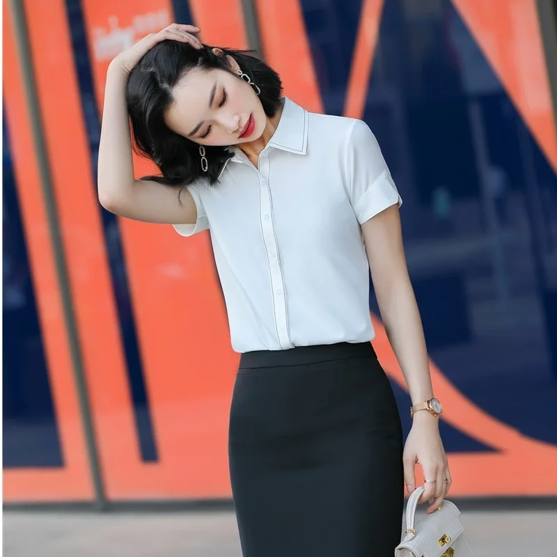 

Elegant White Blouses Shirts for Women Short Sleeve Business Work Wear Summer Office Ladies Blouse Shirt Female Tops Clothes