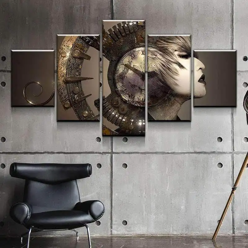 Home Decor Heavy Metal Surreal Women Clock Steampunk 5 Piece Wall Art Painting Picture Modular Artwork Poster For Living Room