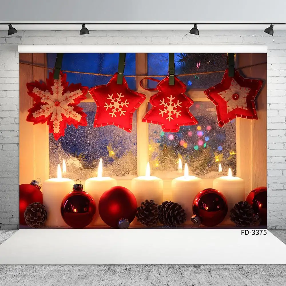 

Red Christmas Balls Decors Candles Window Photographic Background Vinyl Backdrop for Children Baby Shower Home Studio Photophone