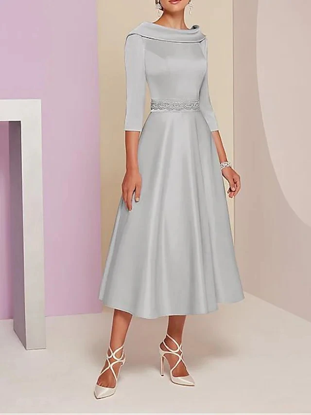 2024 Latest Classic Light Gray Tea Length Evening Dress O Neck With Cap Sleeve Prom Guest Gowns Backless Robe De Soiree