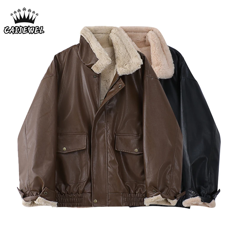 Jaqueta de inverno de peles artificiais para mulheres Streetwear de couro Baggy Coat Top de couro Patchwork de pelúcia colarinho preto espessamento