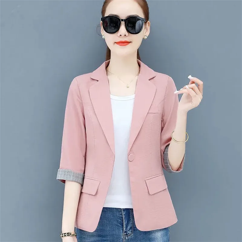 Summer Women Thin Blazer Jacket 2021 New Korean Single Button 3/4 Sleeve Short Jacket Coat Lady Office Blazers Outerwear 3XL