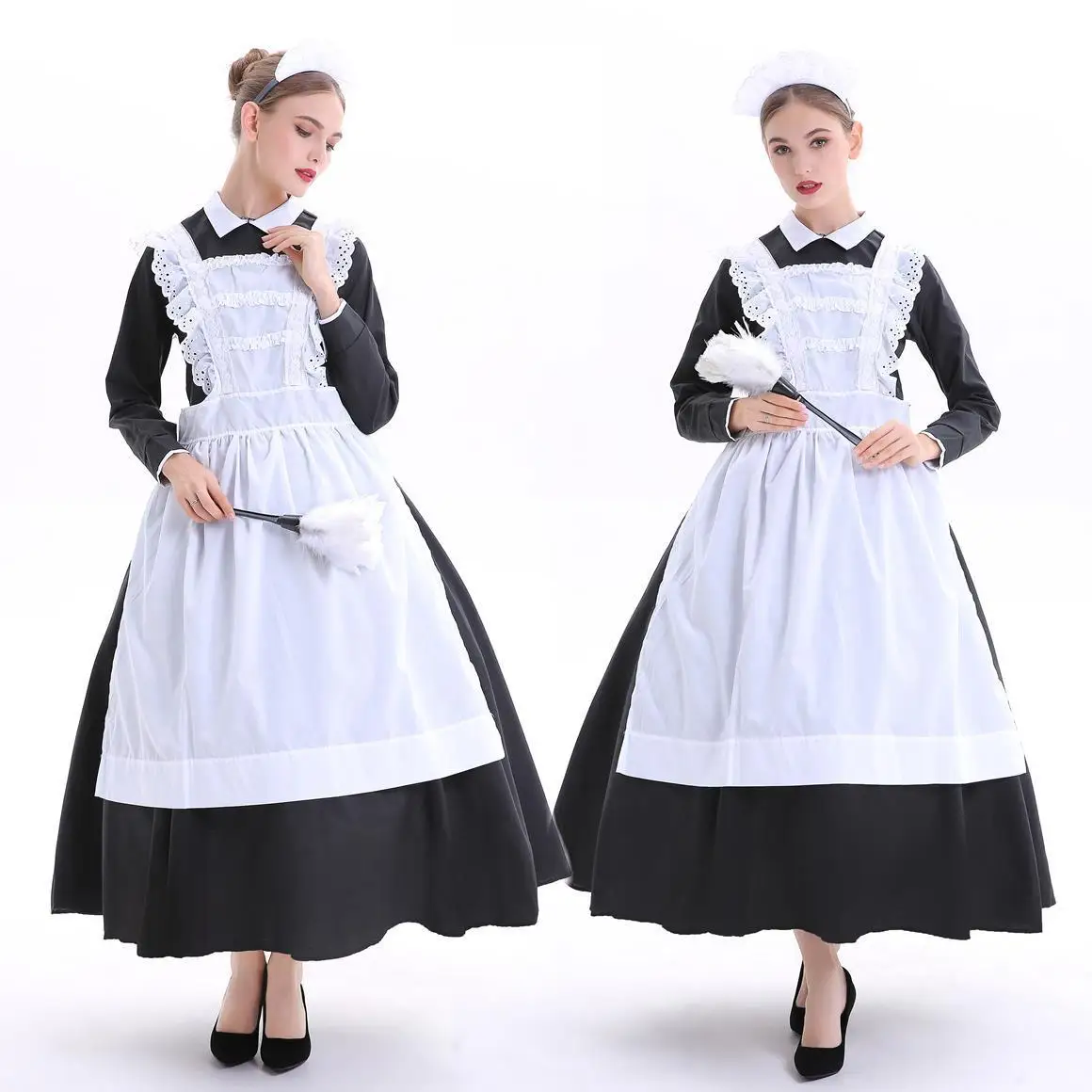 

Plus Size Maid Outfit Long Dress Black And White Maid Lolita Dress With Headwear Apron Halloween Cosplay Costume Waiter Uniform