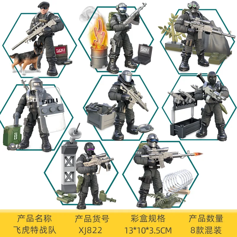 Mega Bloks Modern Military Flying Tiger Task Force Special Service Warfare Troop Police Soldier Action Figures Model Blocks Toys