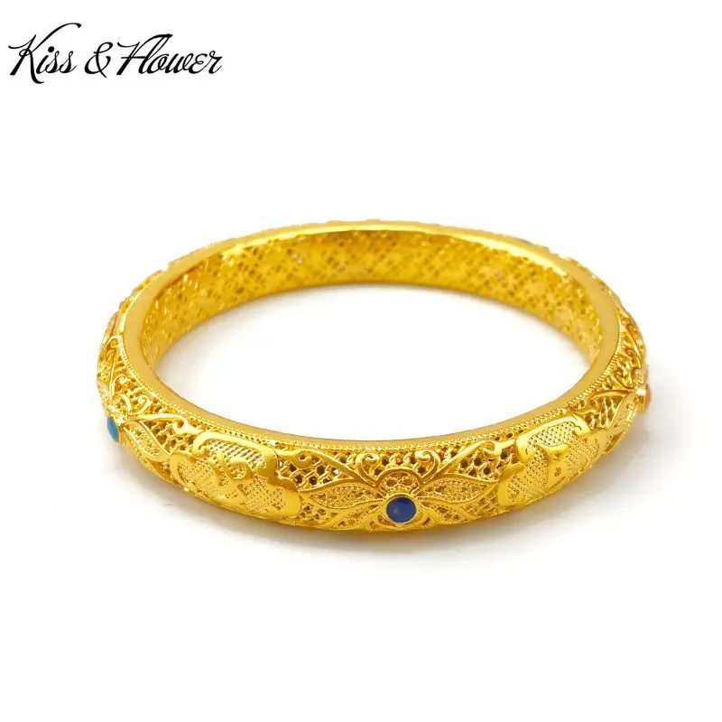 

KISS&FLOWER BR95 Fine Jewelry Wholesale Fashion Woman Girl Birthday Wedding Gift Lotus Round Vintage 24KT Gold Bracelet Bangle