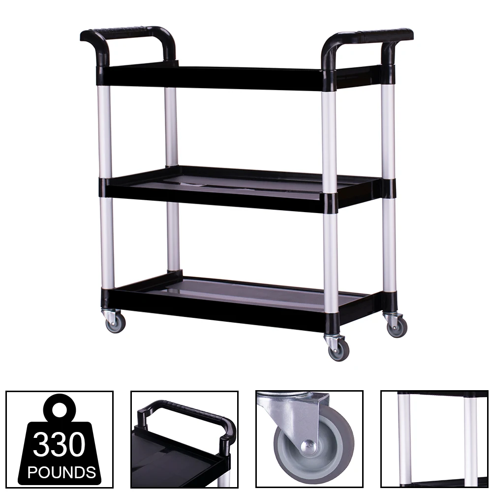 Heavy Duty 3-Shelf Rolling Service   Utility  Push Cart 330 lbs. Capacity  Black for Foodservice Restaurant Cleaning