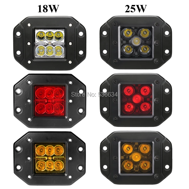 18W 25W Red/White/Yellow LED Work Lamp Flush Mount Offroad Driving Light Spot Lamp for SUV 4WD ATV Truck Pick-up Car