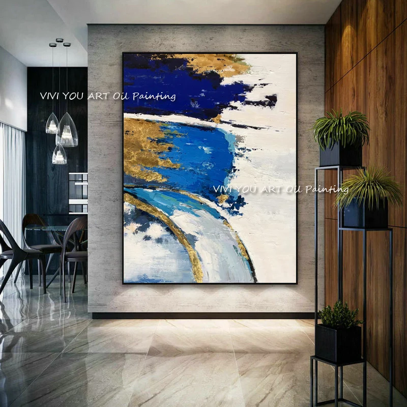 large size hand painted thick gold foil modern blue knife abstract oil painting on canvas Living room no frame textured art