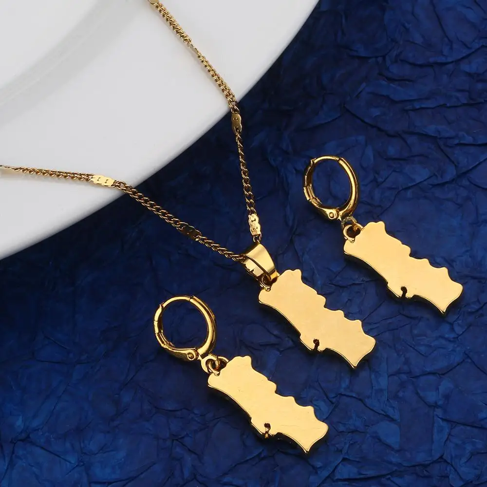 Gold Color Portugal Map Pendant Necklace Earring Trendy Portuguese Map Jewelry Sets