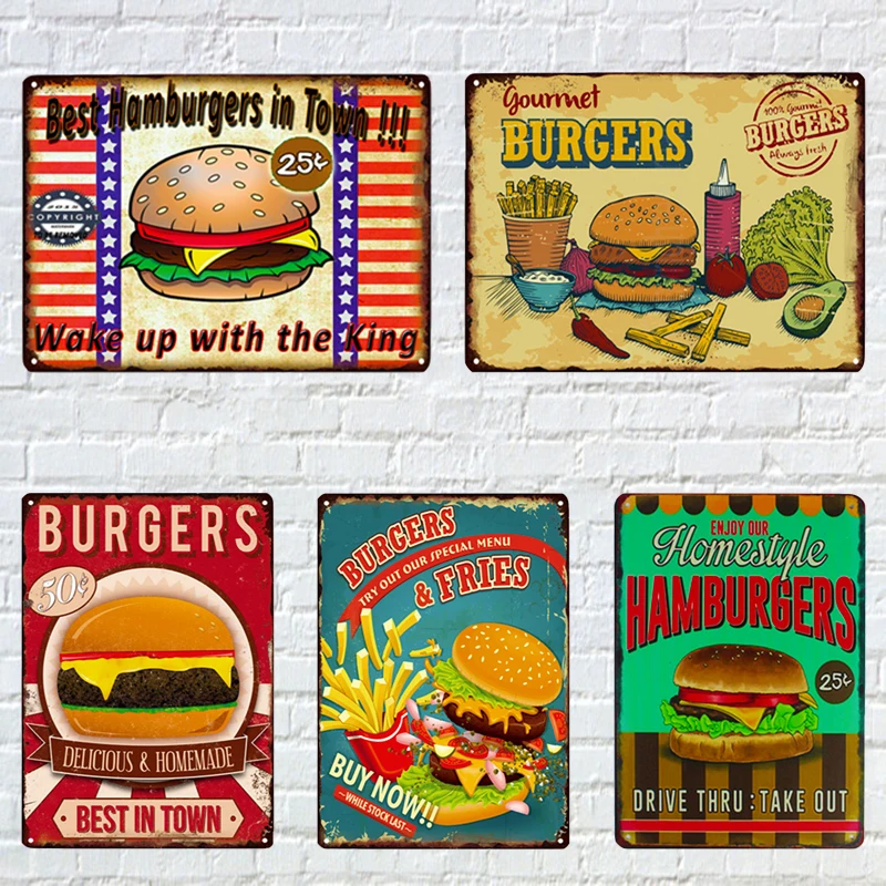 ZJY Metal Wall Decor  Hamburgers Vintage Signs Pub Bar Cafe Garden Decoration  Art Painting Home Decor Size:20*30cm