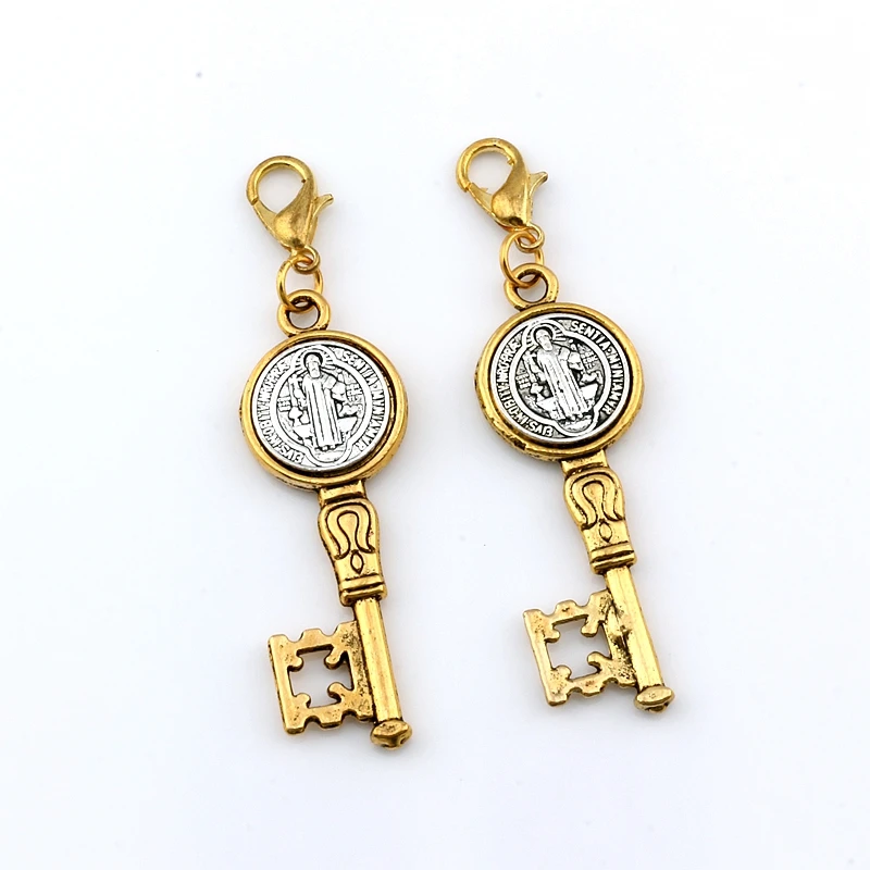 10Pcs Saint Benedict Medal Cross Key Floating Lobster Clasps Charm For Jewelry Making Necklace DIY Accessories 14.5x56.2mm A-577