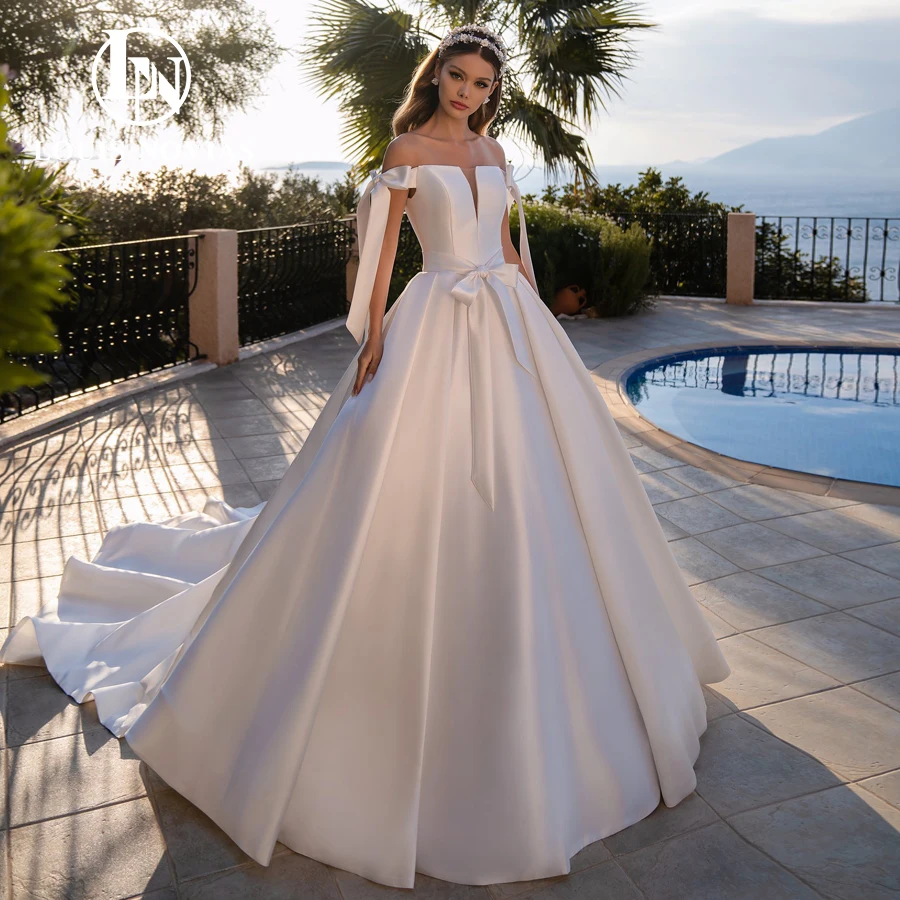 LOUIS NOVIAS vestido De Novia línea A elegante con hombros descubiertos falda De Novia De satén con lazo fajas extraíbles vestido De Novia Vestidos De Novia