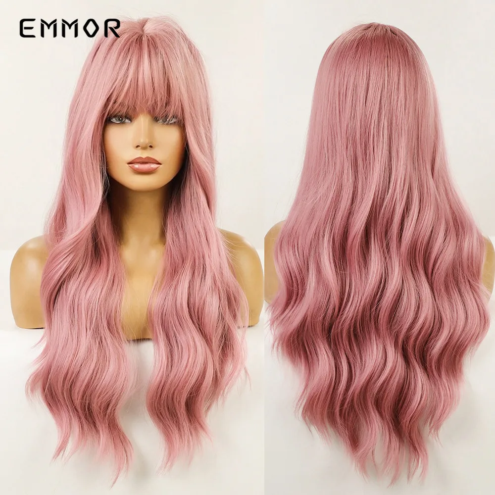 Emmor Long Body Natural Pink Wig for Women Synthetic Wavy Wigs with Bangs Fashion Heat Resistant Fiber Cosplay Party Hair Wig