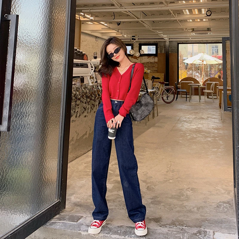 

Spring Jeans Woman High-waist Straight Wide Leg Pants DarkBlue Casual Baggy Pants Korean Fashion Loose Denim Trousers Streetwear