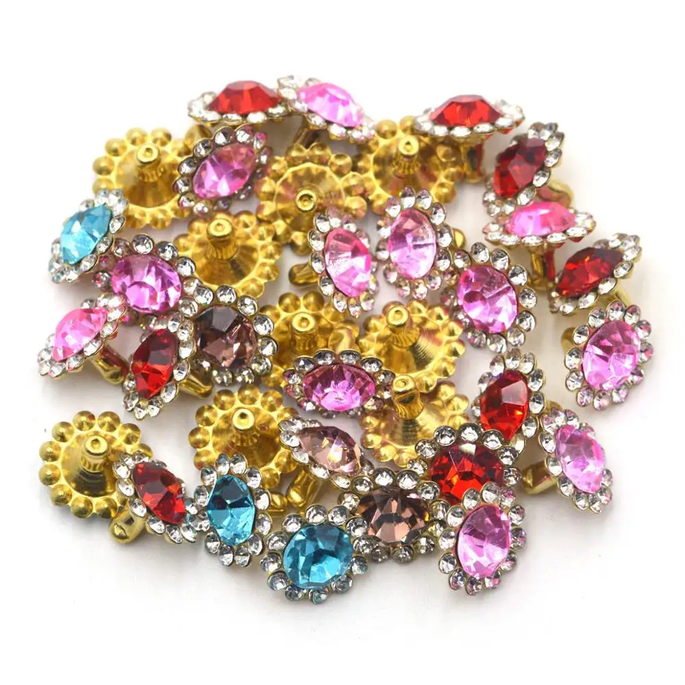 30pcs Glass Crystal Flower Double Cap Rivet Stud Collision Nail Leathercraft Shoe Bag Belt Handicrafts Garment Bracelet 8.3*11mm