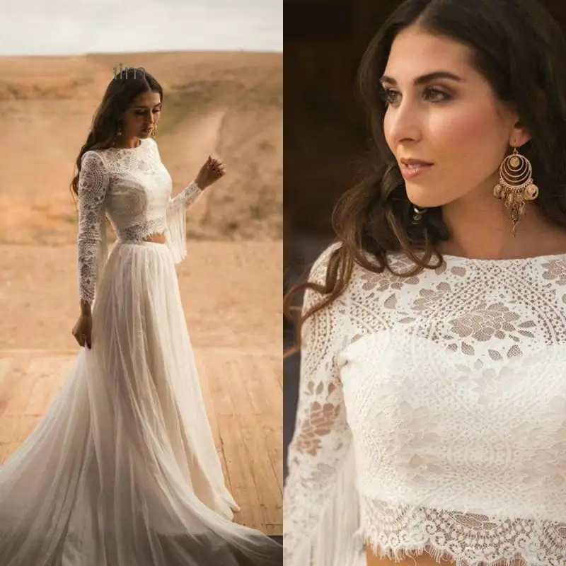 Nueva llegada vestidos de novia bohemios de dos piezas 2025 encaje de manga larga Boho rústico país barato borla vestido de novia personalizado