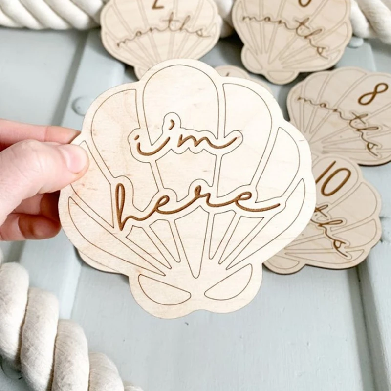 14pcs nursery Seashell wooden birth announcement sign baby monthly milestone cards shower newborn gift set photo props