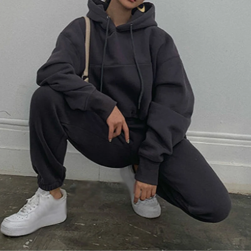 

Women's Tracksuit Cropped Hoodie Two Piece Set Long Sleeve Hooded Drawstring Sets Female Nice Autumn Causal Lady Sportswear Suit