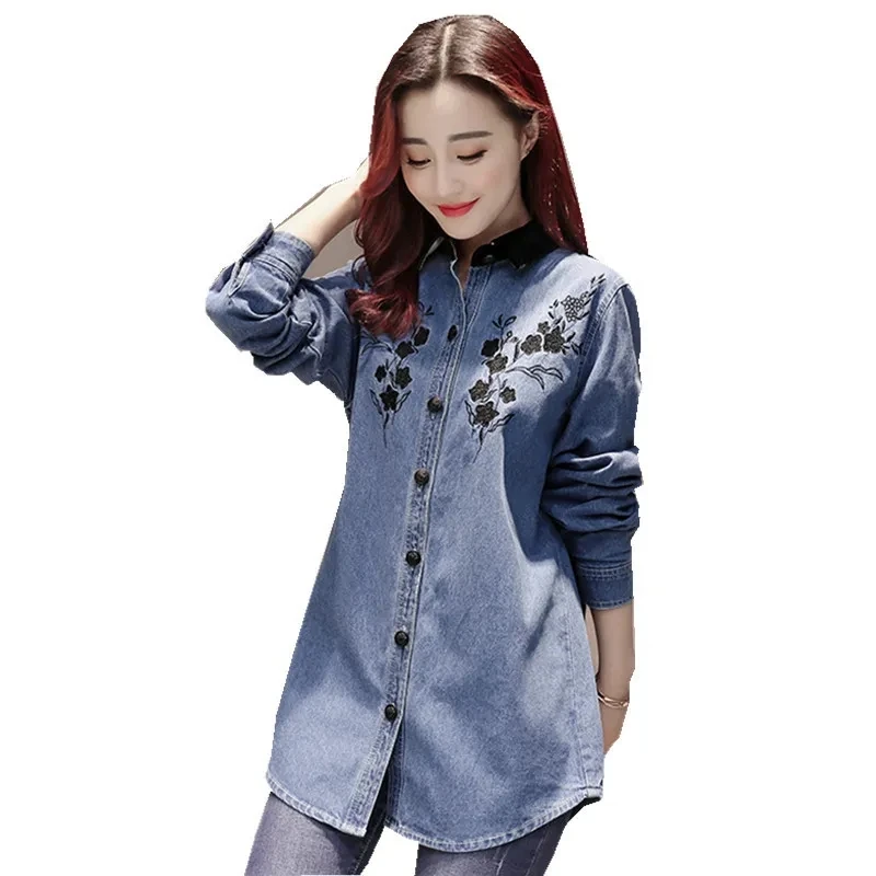 

Women's Denim Shirt 2022 Spring Autumn New Fashion Women's Tops Mid-Long Casual Women's Long-Leeved Embroidered Cowgirl Shirt