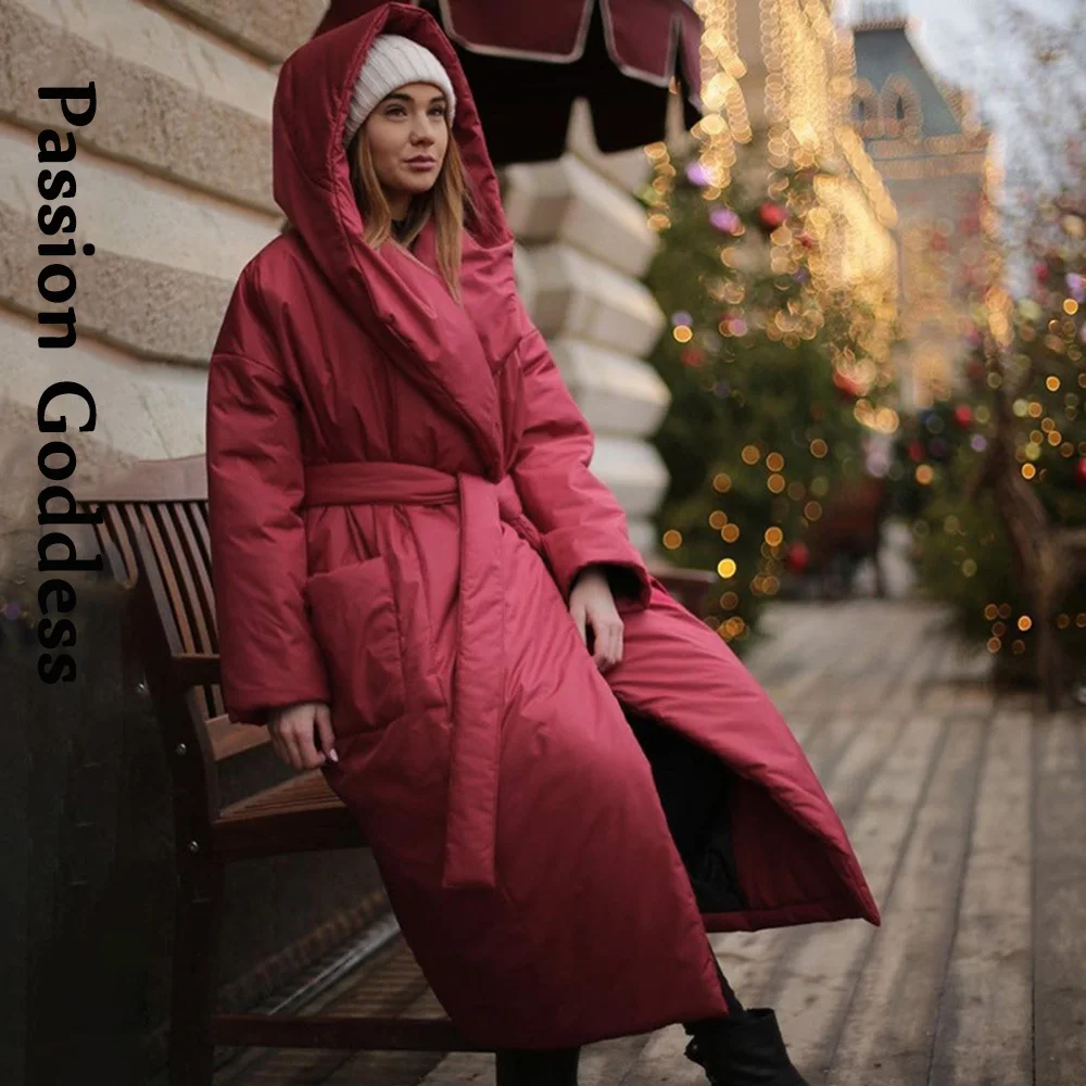 Winter Women Hooded Long Puffer Jackets with Belt Warm Thick Oversized Long Parkas Down Jacket Big Pockets Overcoats Streetwear