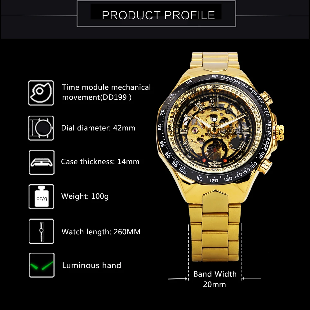 Best Selling Top Brand Luxury WINNER Watch Official Vintage Fashion Mens Mechanical Watches Metal Strap Vintage Retro Wristwatch